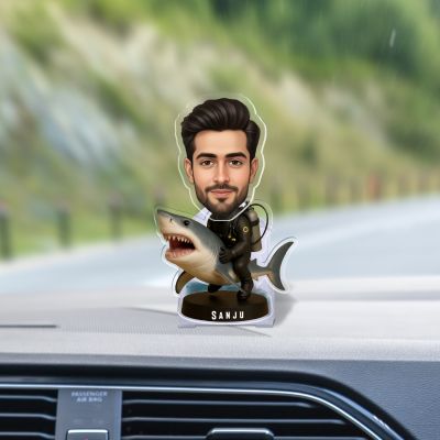 Personalized Bobblehead Caricature with Shark Rider Design, Solar Powered with Shaking Head for Car Dashboard Figurine Funny Car Decor